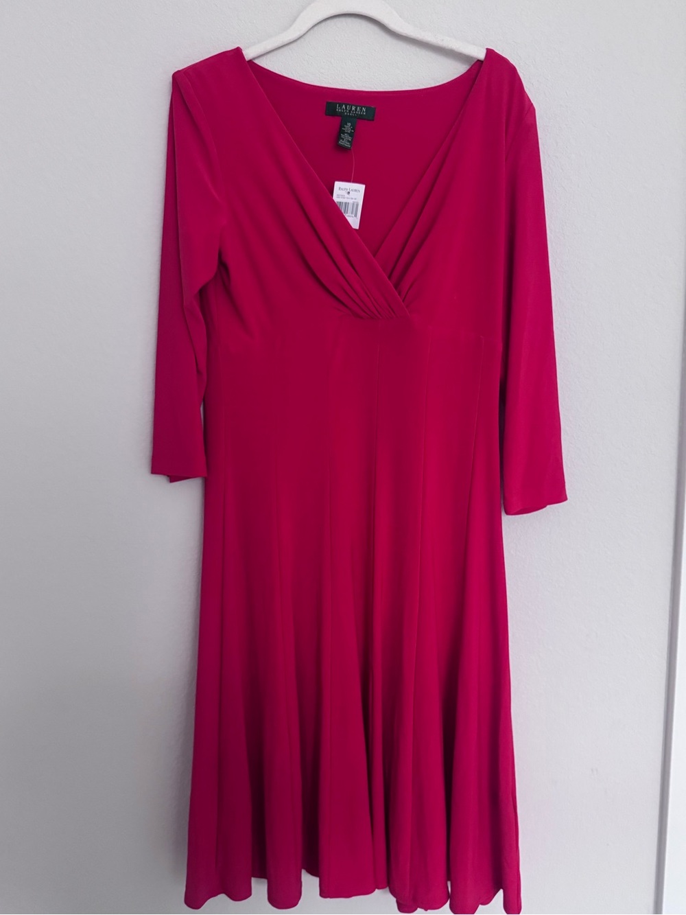 Lauren Ralph Lauren Vintage Red Midi Dress Pleated V-Neck Fit & Flare